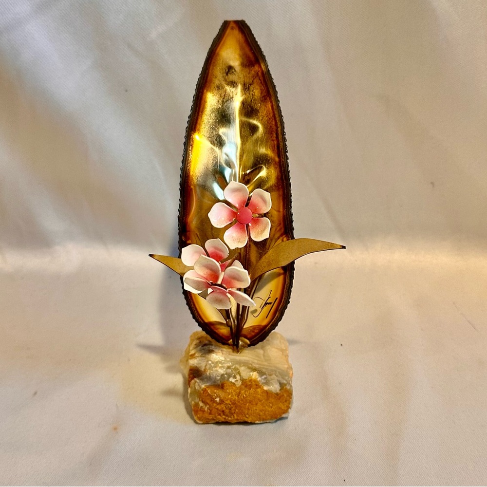 Mid-Century Enameled Pink Pansy Rose Flower Sculpture on Stone Base